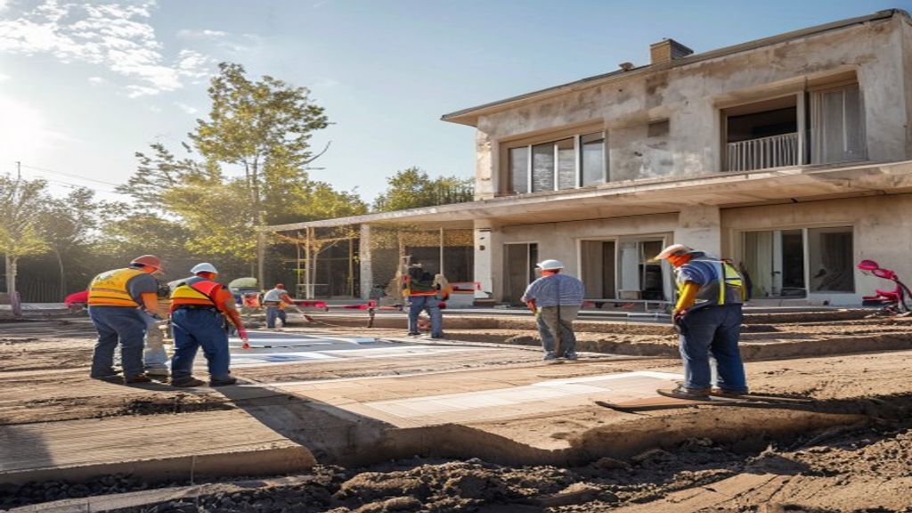 Builders constructing a new residential home with detailed framing and quality materials