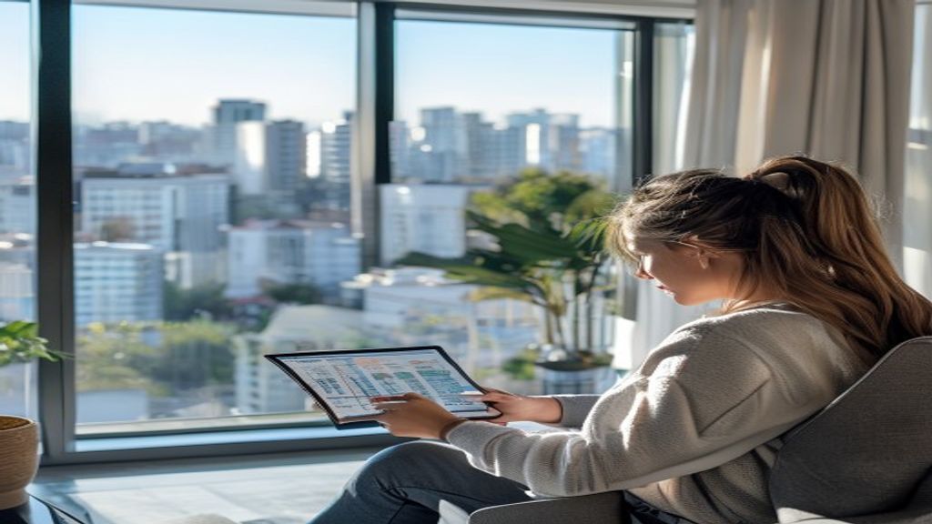 Real estate agent helping clients buy property with detailed listing information