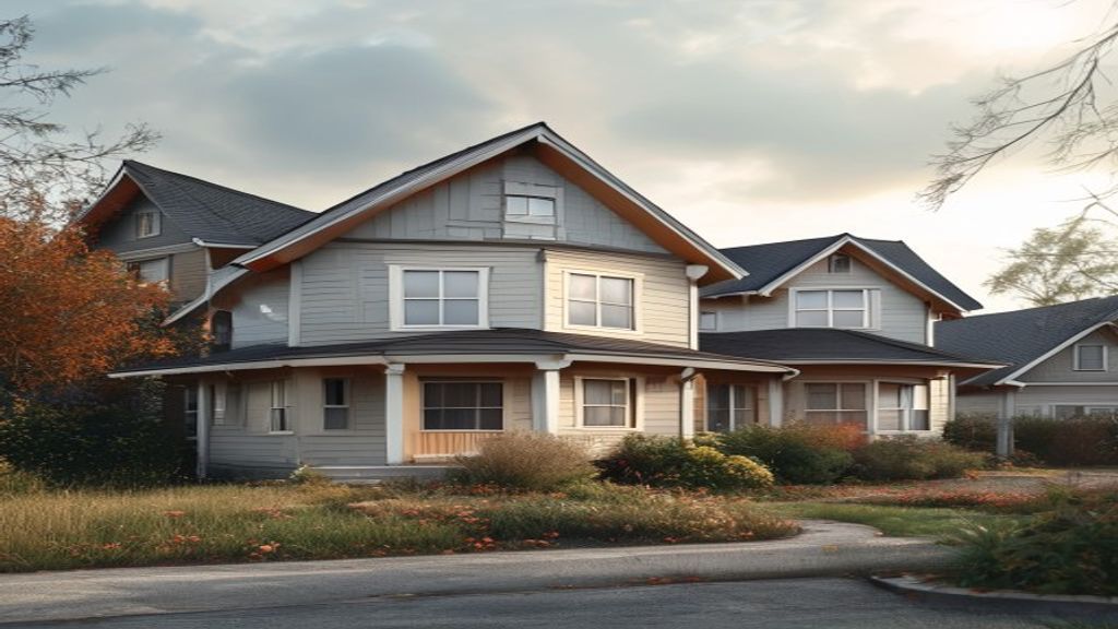 Affordable houses with simple facades lined along a tree‑lined street in a budget‑friendly neighborhood.