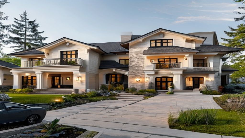 Luxury exterior with upscale architecture and landscaped garden, example of expensive homes for sale