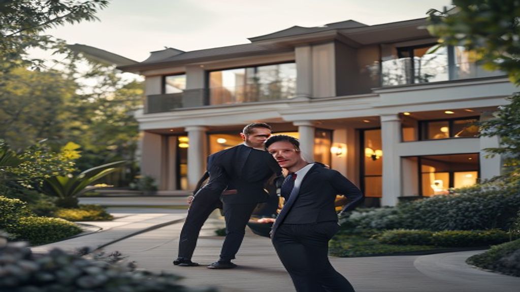 Luxury home specialist showing a modern mansion with a professional high‑end estate agent.