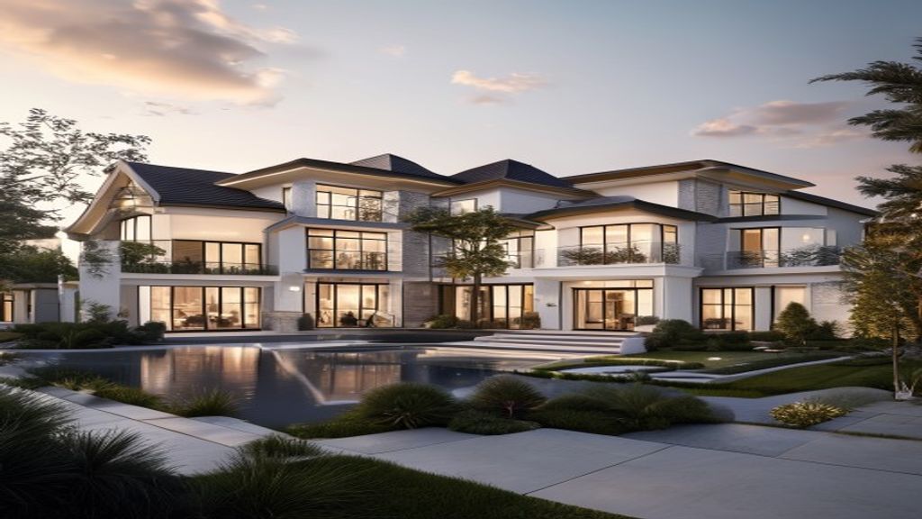 Elegant modern luxury home with floor‑to‑ceiling windows, sleek stone façade, and manicured garden