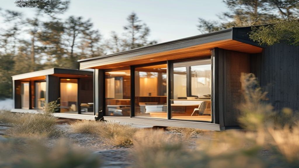 Modern modular cabins with sleek wooden panels, showcasing flexible, sustainable living solutions.