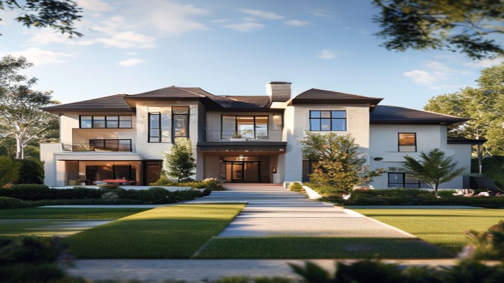 Luxurious waterfront mansion featuring marble facade, infinity pool, and panoramic city views