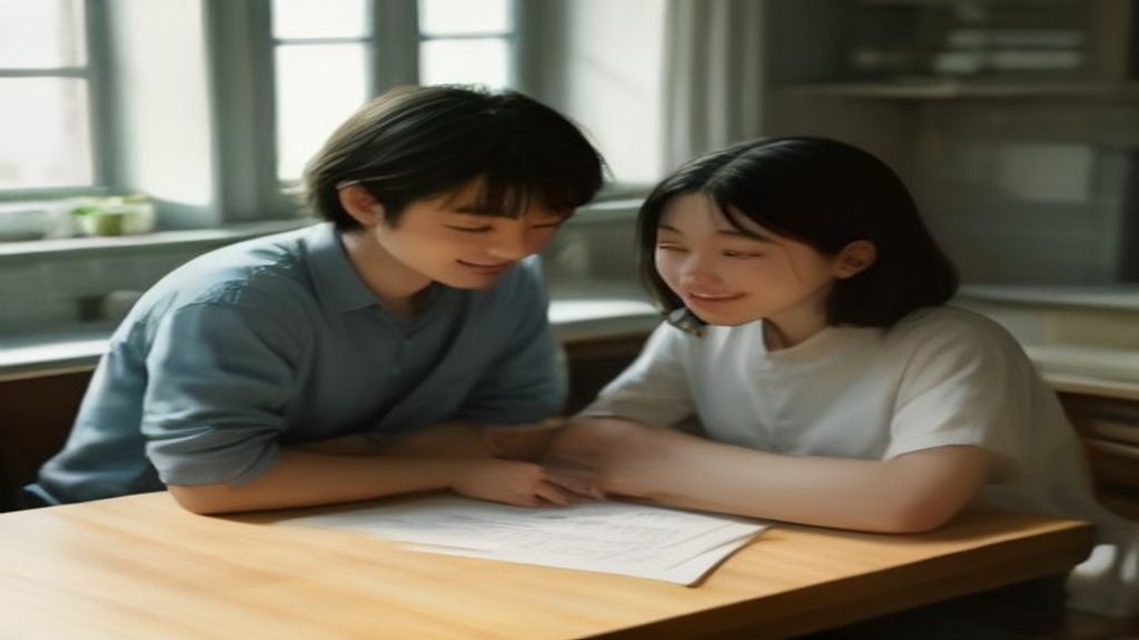 Couple reviewing paperwork while standing in front of the house they are buying