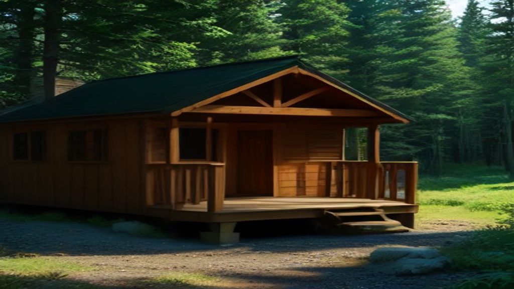 Cozy wooden cabins for sale nestled in a forest clearing, showcasing spacious interiors and scenic mountain views